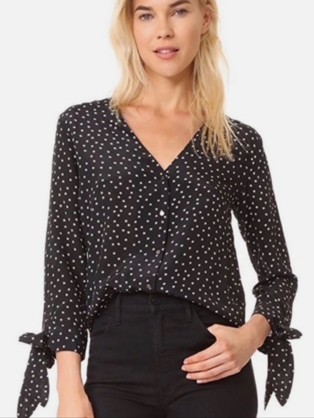 Madewell Silk Star Pattern Blouse Tie-Sleeve V-Neck Blouse XS